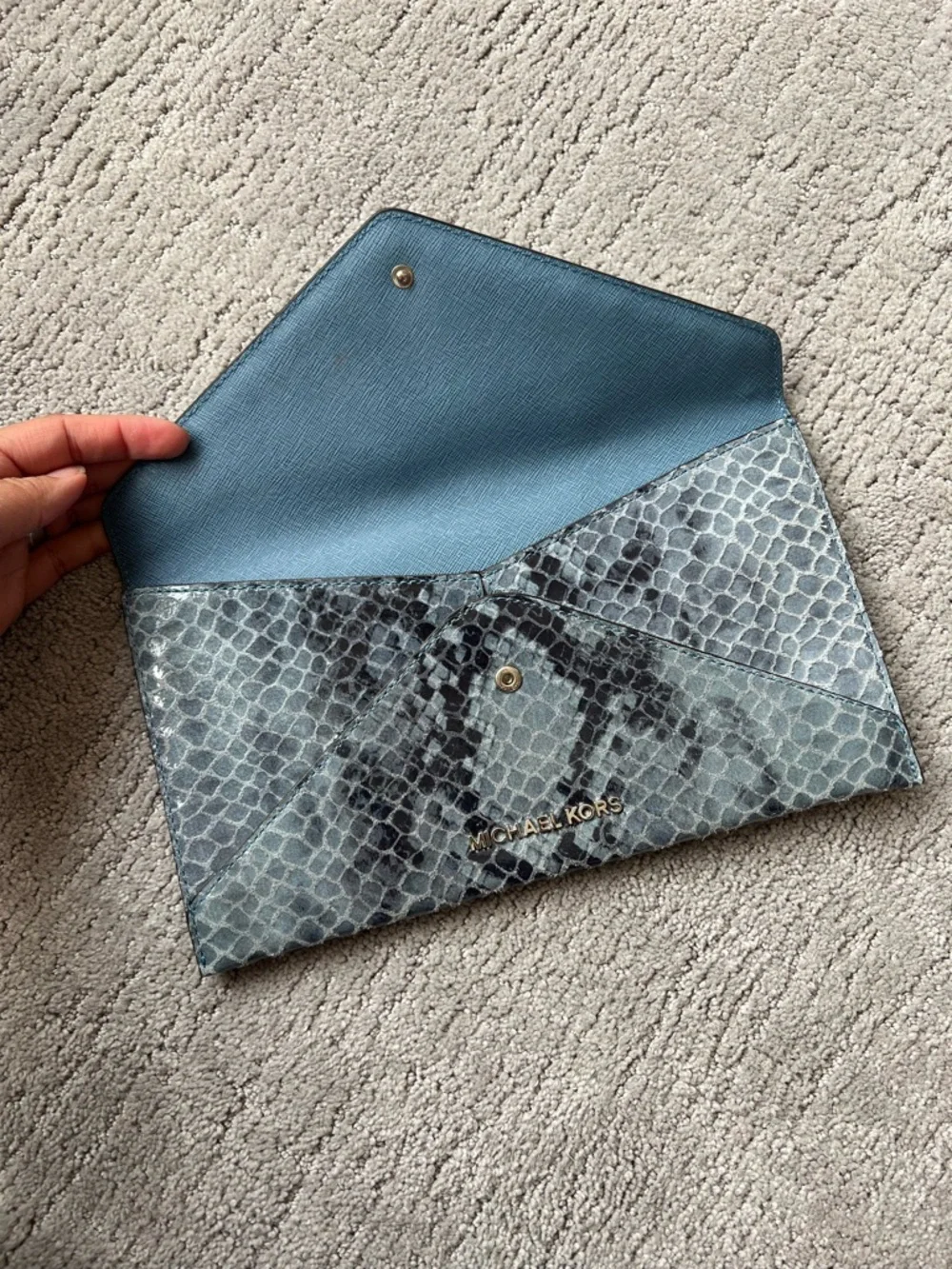 Michael Kors Blue Snakeskin Studded Envelope Clutch - Picture 10 of 12